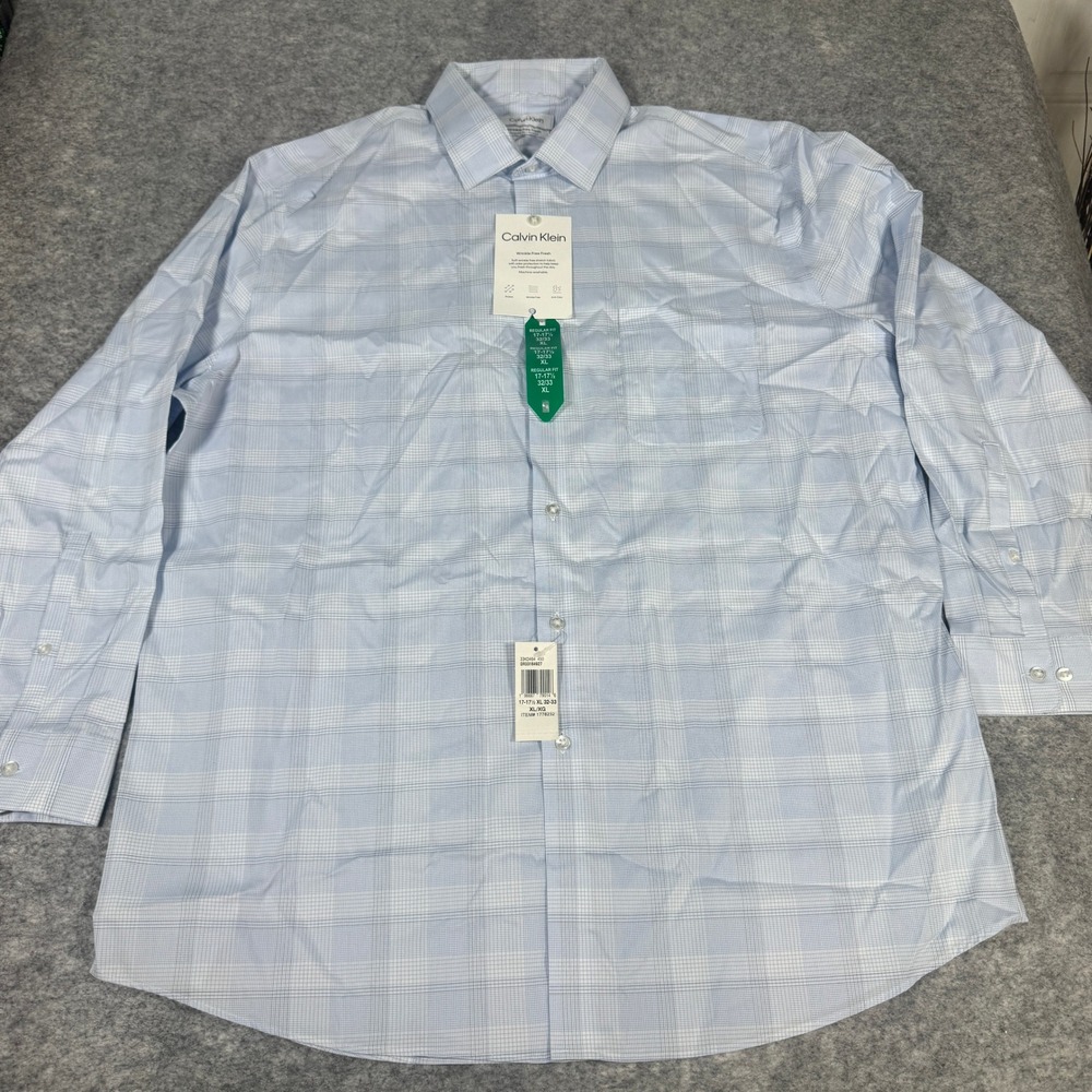 Calvin Klein Mens XL 17-17.5 32/33 Blue Plaid Wrinkle Free Fresh Dress Shirt NWT